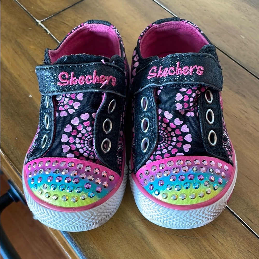 Skechers Black and Pink Sneakers with Vibrant Rainbow Toe